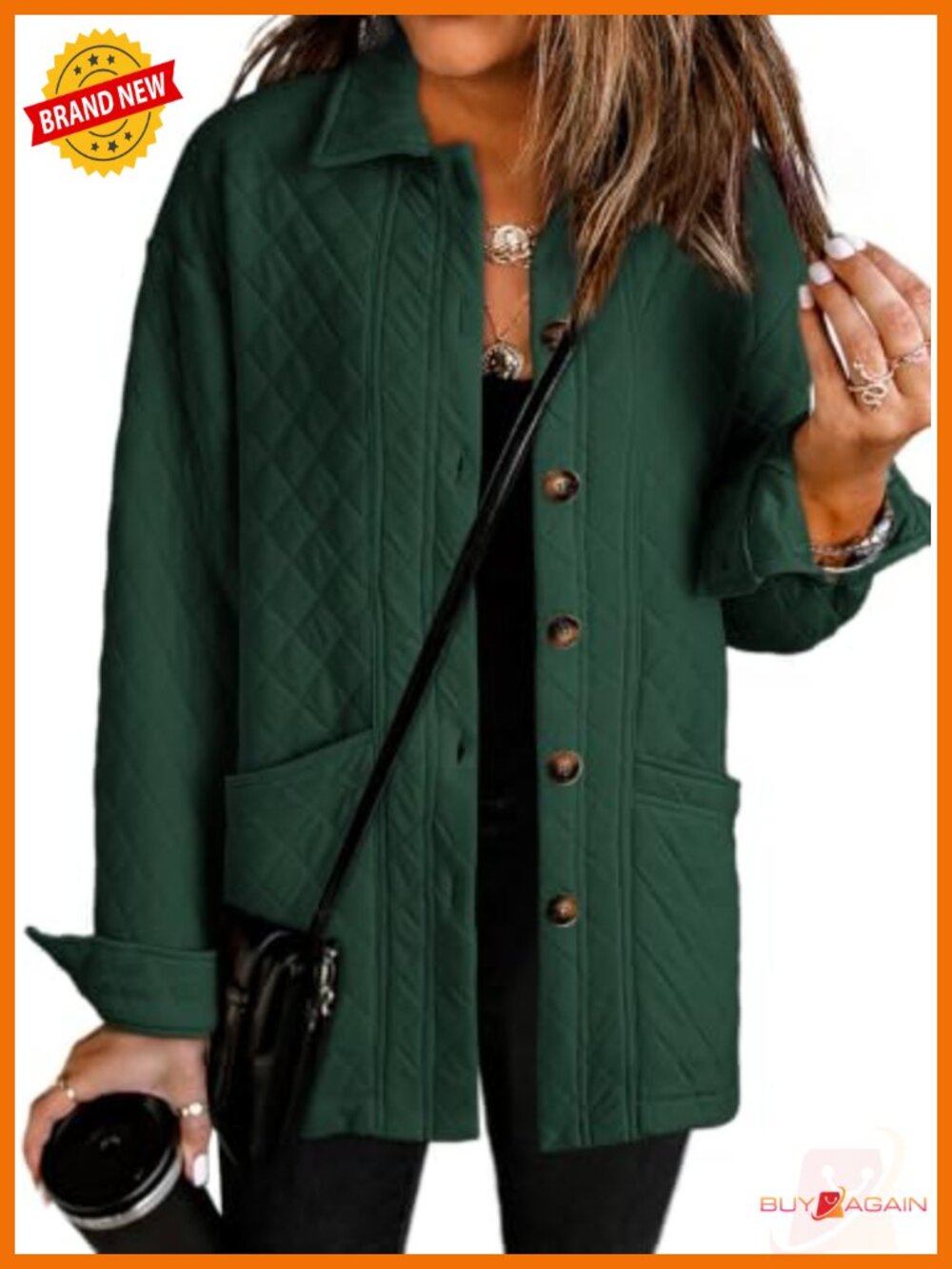 Quilted Button Down Jacket Women Lightweight Long Sleeve Collared Coat Pockets
